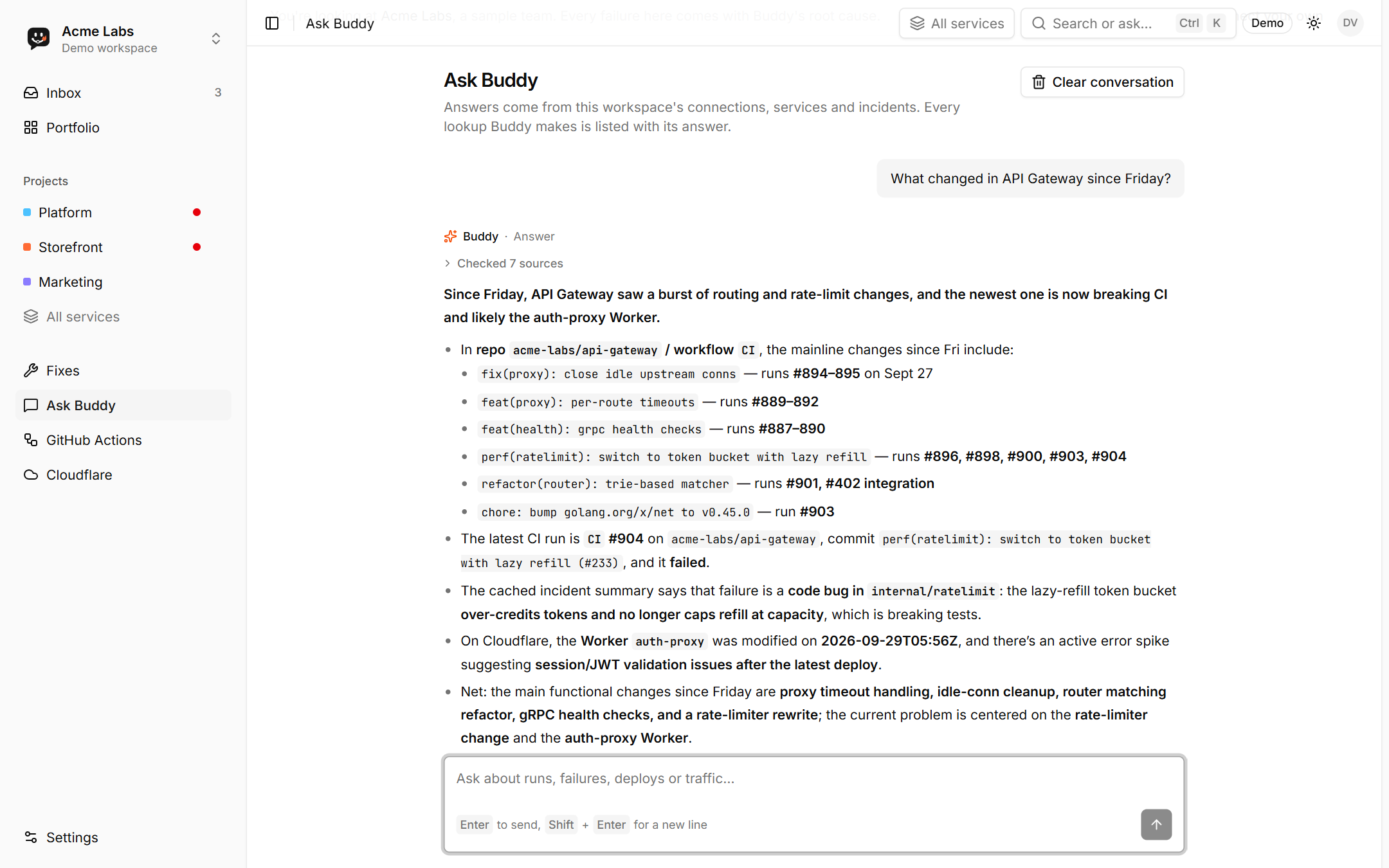 Ask Buddy answering a question about a Worker, with the lookups it made listed under the answer