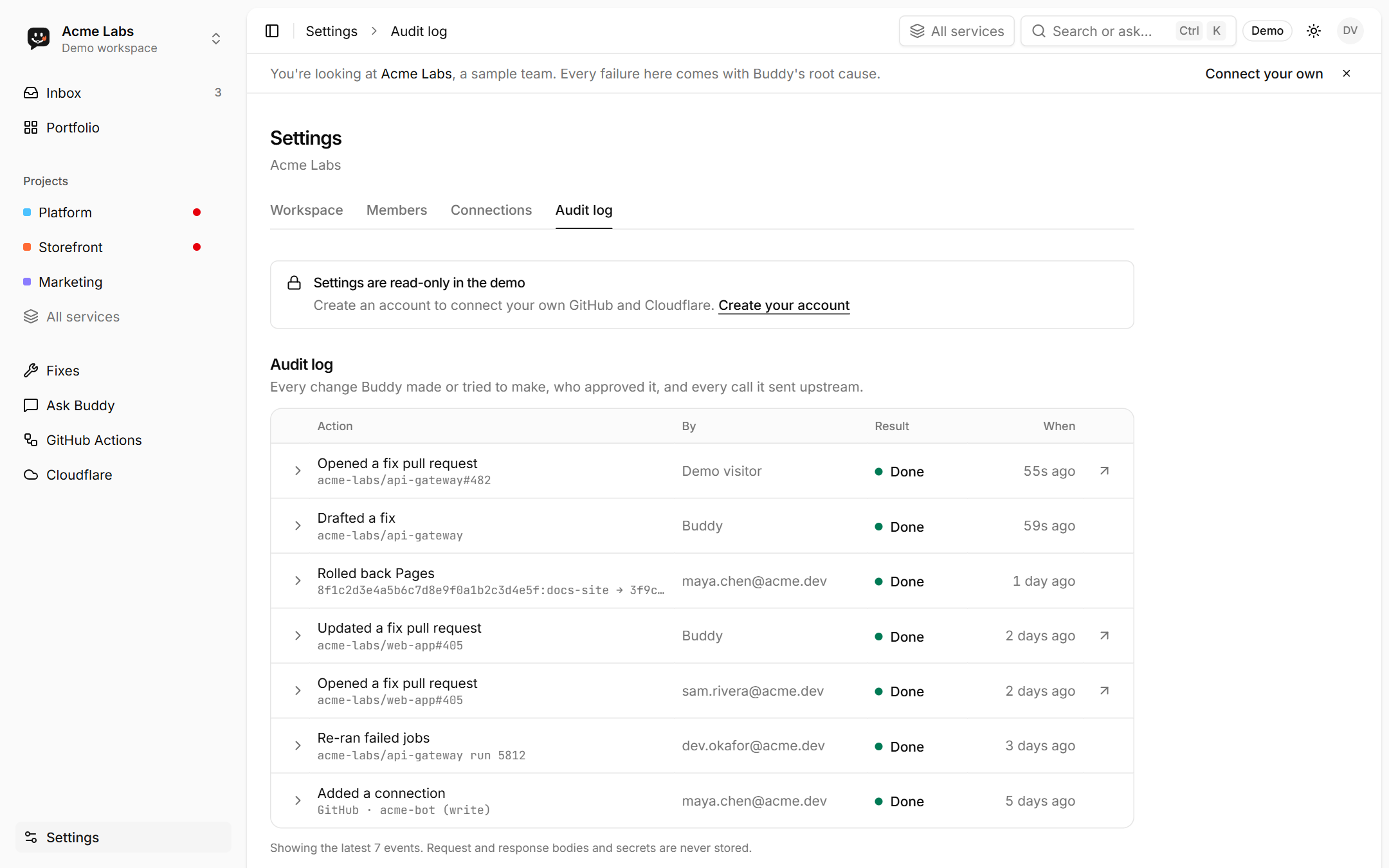 Audit log: approvals and actions with who, when, target and result