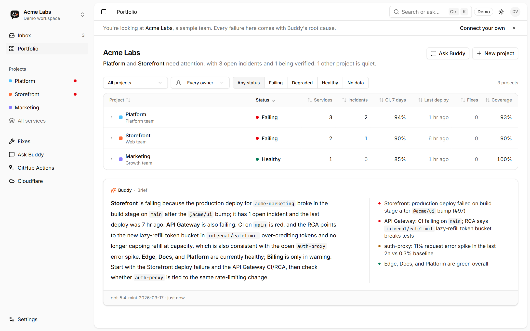 DevOps Buddy home: the workspace brief, then the services that need attention, with the failing Storefront deploy at the top
